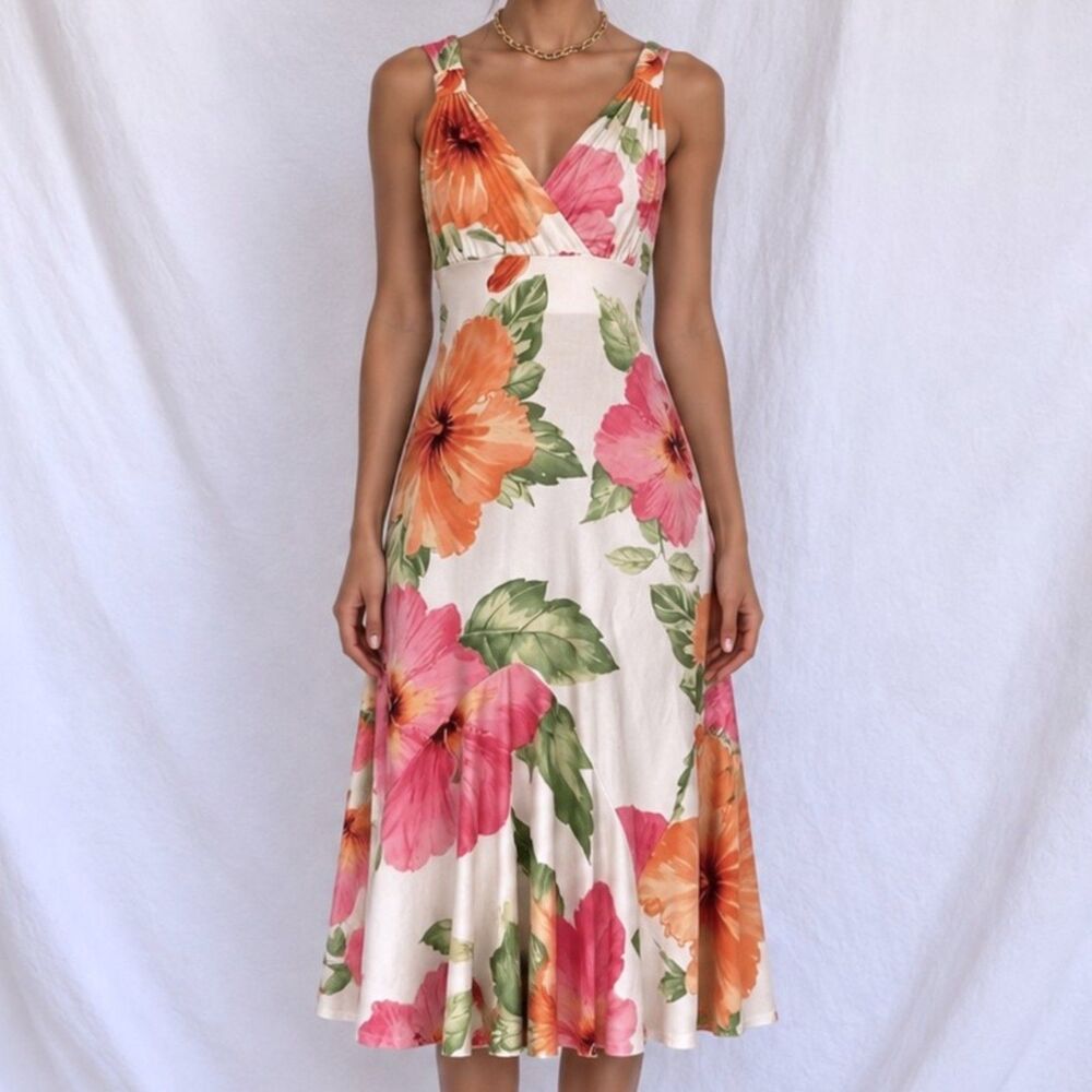 Vintage Y2K Floral Knit Silk Knee Length Flared Cocktail Sundress Dress Size S